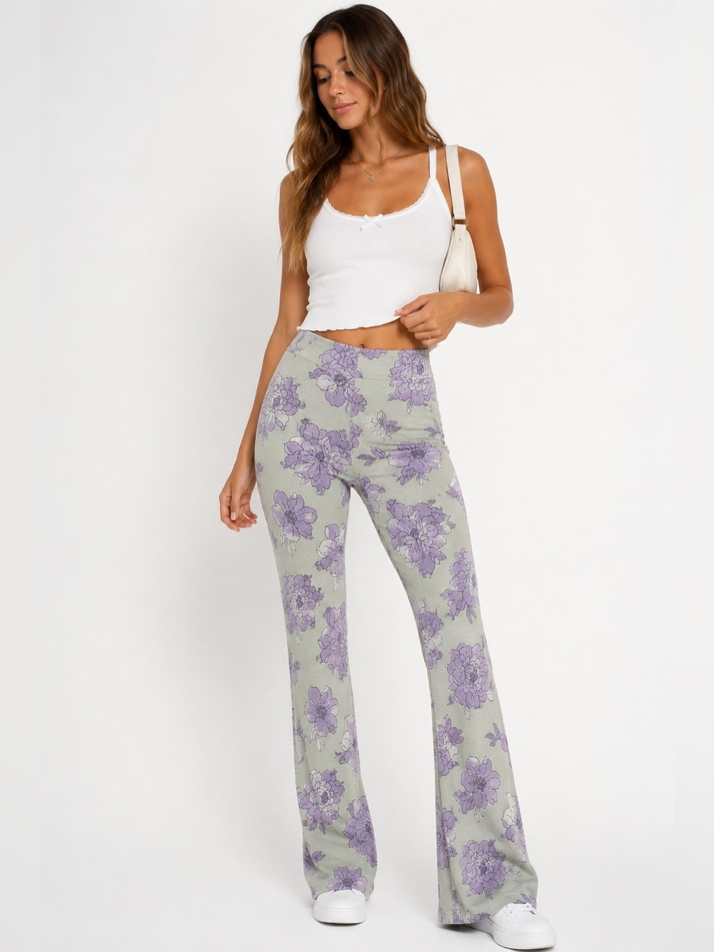 Forever 21 Sage Green & Lavender Floral Flare Pants Stretch Size Small